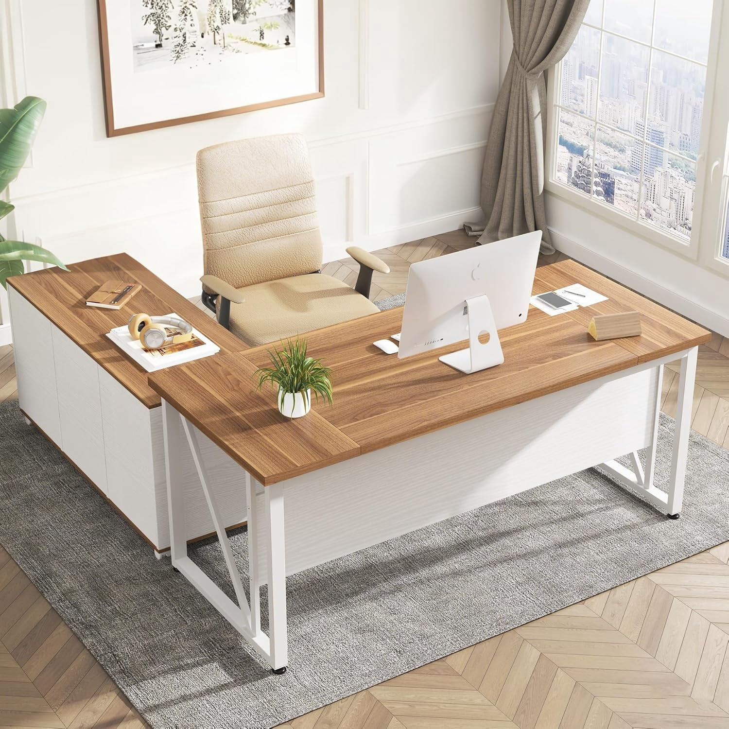 Finmind 63 inch Executive Desk and 47" lateral File Cabinet, L-Shaped Computer Desk Home Office Furniture with Drawers and Storage Shelves