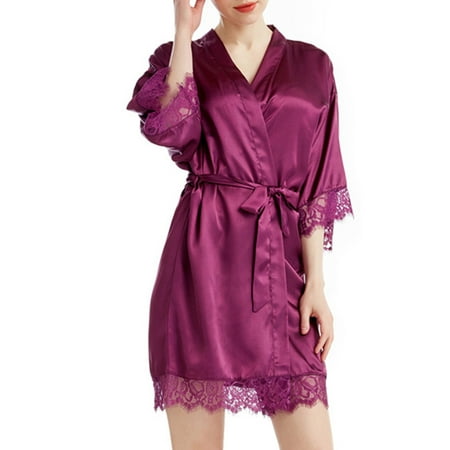 VONCOS Women s Satin Robe Sleepwear- Bathrobe Valentines Lingerie for Women Summer Sexy Sling Short Robes Purple Size XL