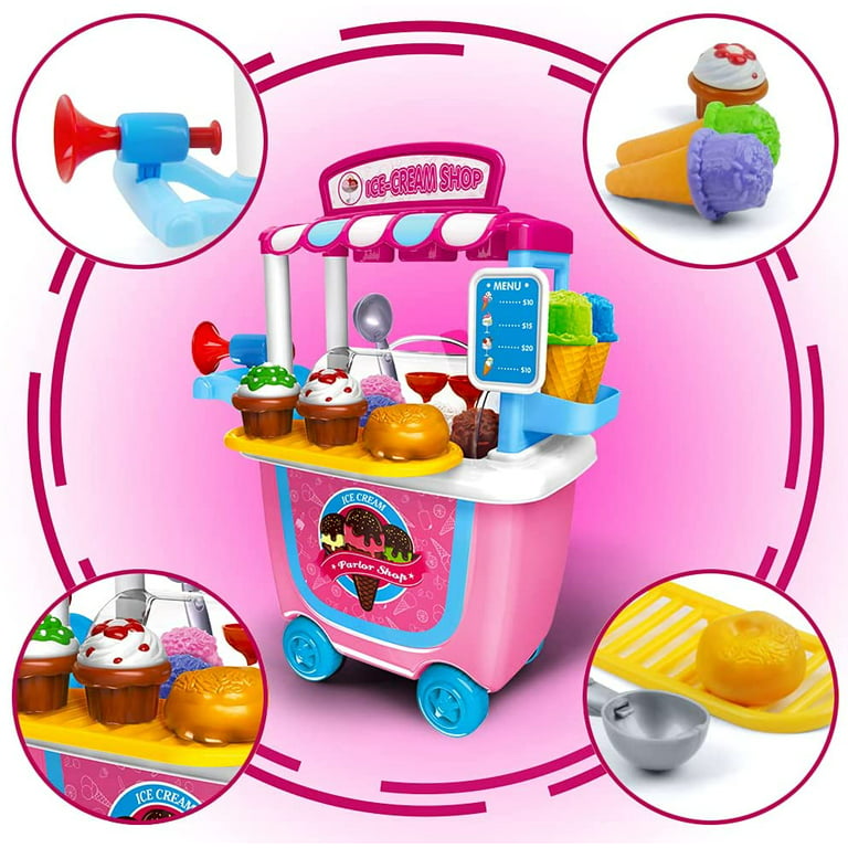 Torlam Ice Cream Cart for Kids Toys, Pretend Play Food Toys Ice Cream Shop  Counter Play Set Scoop and Cone Maker Toy, Toddler Grocery Play Store