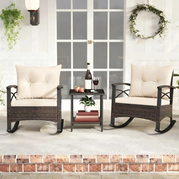 DRAZUNO 3 PCS Rattan Rocking Chair Set w/Acacia Wood Tabletop Armrests for Porch Balcony