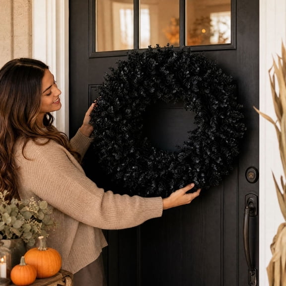 Halloween Cimicifuga Leaves Wreath 17.7 inch Black Plants Door Hanging Decorations Plastic Small Flower Garland for Window Display Festival Simulation Foliage Wreath for Home Fall Thanksgiving Decor