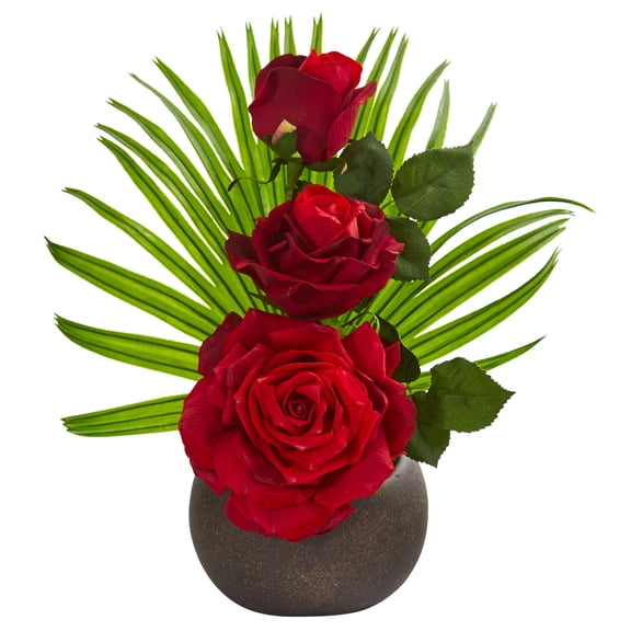 14in. Elegant Rose Artificial Arrangement in Stone Brown Vase