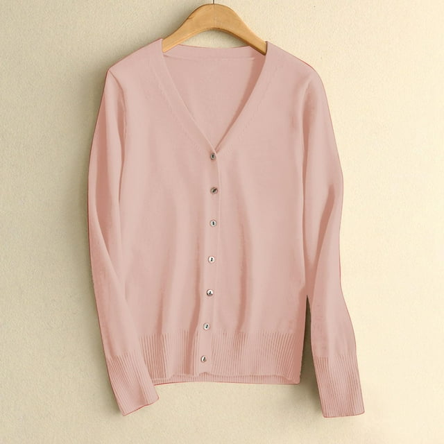 Womens Solid Down Long Sleeve Classic V Neck Knit Cardigan Sweater