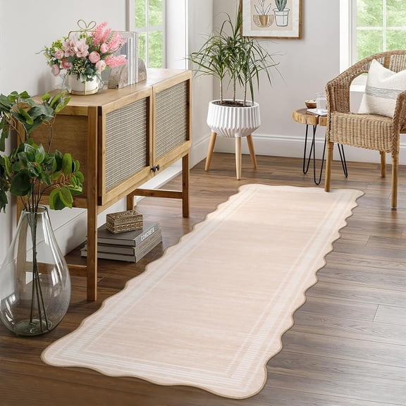 2x6 ft Scalloped Runner Rug, Machine Washable Low Pile Area Rug with Non-Slip Backing, Stain Resistant Soft Hallway Kitchen Entryway Bathroom Indoor Carpet,Beige