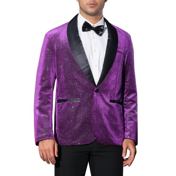 INSPIRE CHIC Men's Suit Jacket Shawl Lapel One Button Metallic Shining Fabric Blazers S Purple