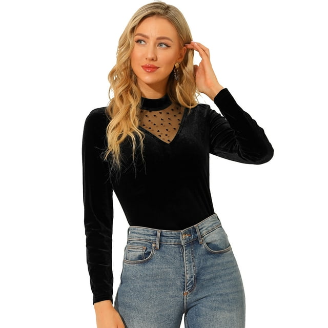 INSPIRE CHIC Women's Mesh Panel Swiss Dots V-Cut Neck Patchwork Long Sleeve Top