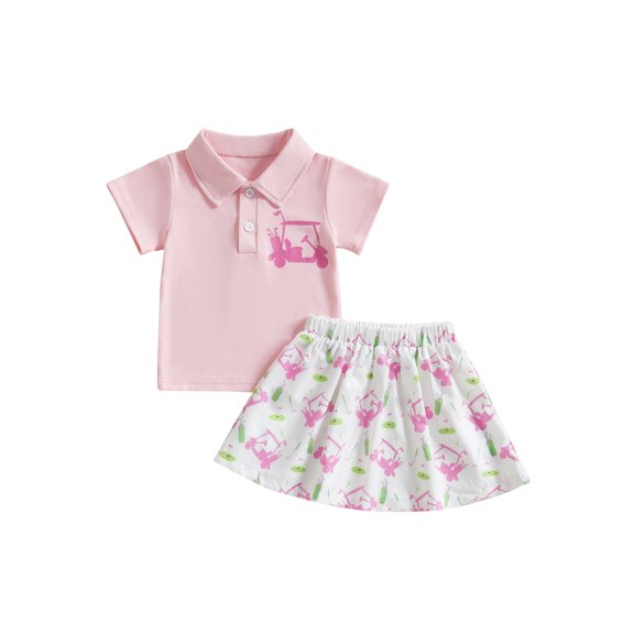 Michellecmm 2Pcs Toddler Girls Summer Outfits Short Sleeve Lapel Collar Tops Mini Skirt Set Golf Clothes