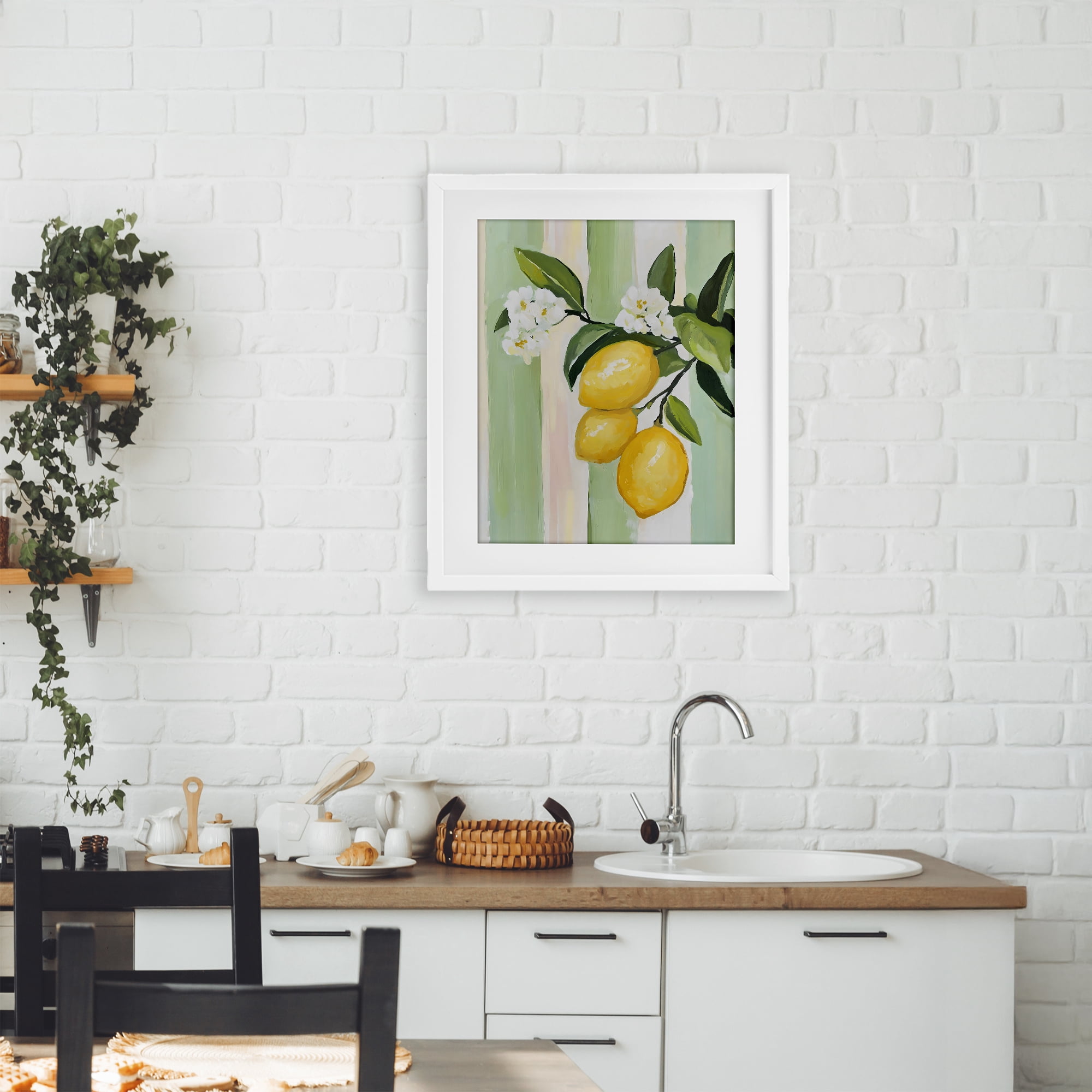 Stupell Industries Lemons & Flowers on Stripes White Framed Print Under Glass, design by The Prints Vibe