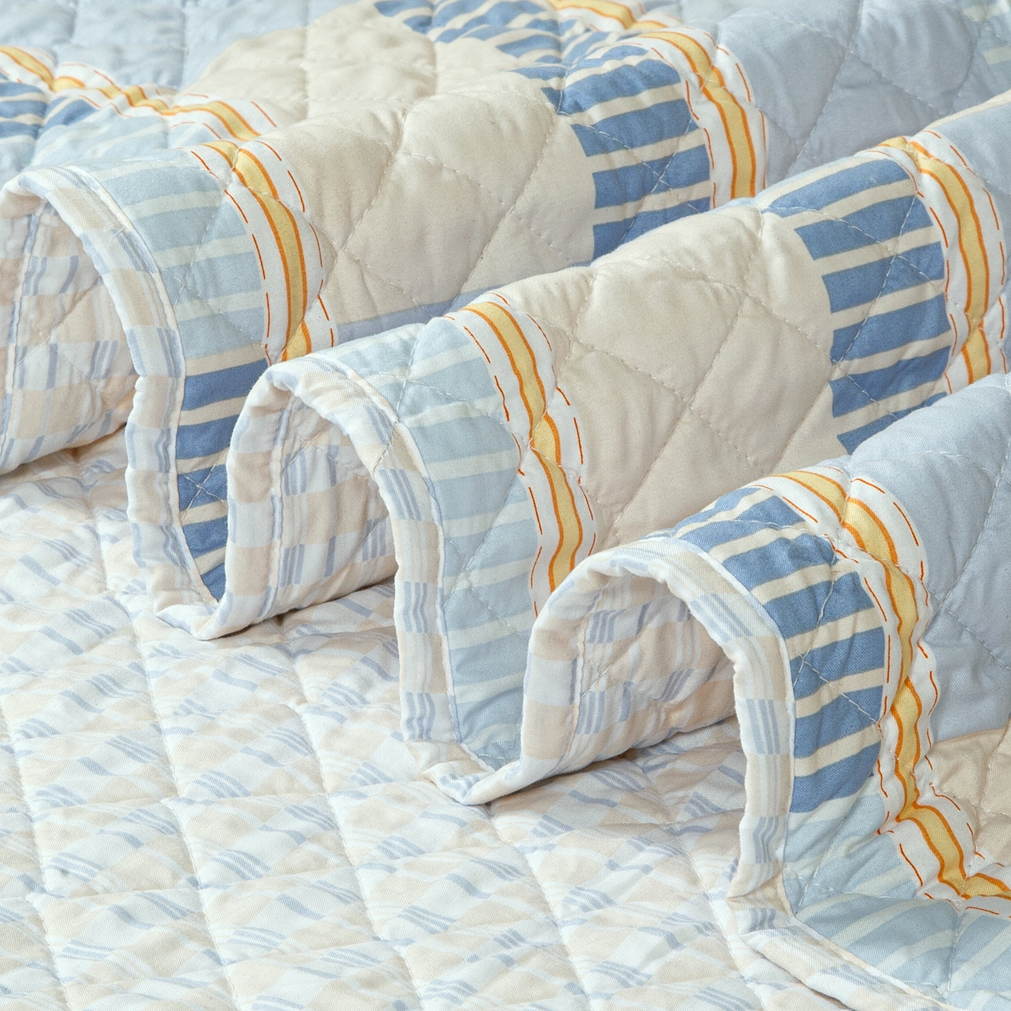 SCAD Piece by Piece Stripe 3 Piece Quilt Set, Blue and Yellow Stripe, Includes 2 Pillow Shams, Twin XL