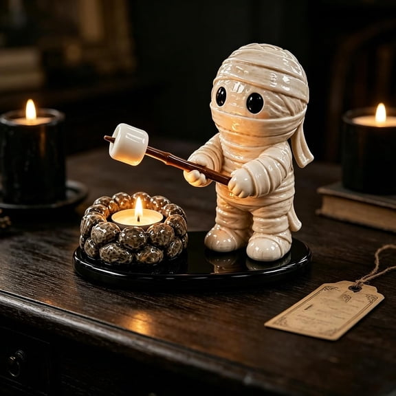 Halloween Campfire Tealight Holder, Cute Ghost Mummy Scarecrow Statue Candle Holders, Ghost Campfire Gathering for Indoor Halloween Decor, Cozy Fall Tabletop Accent (A1)