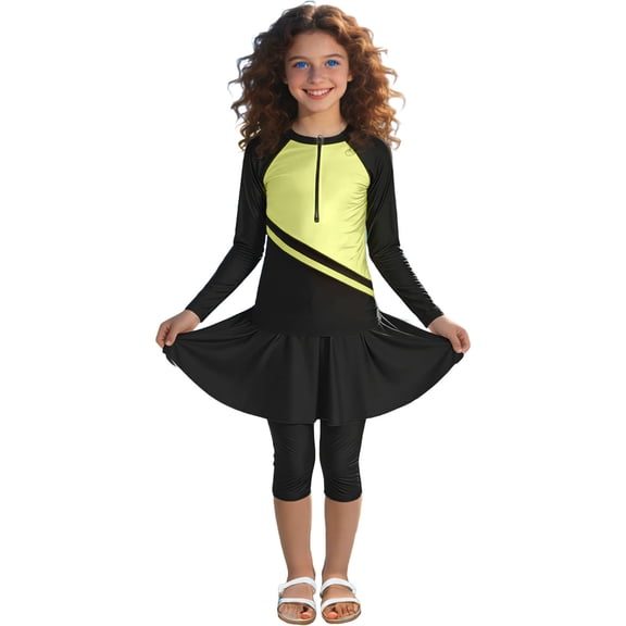 AINIYS Girls Modest Two Piece Swimsuit Hooded Long Sleeve Round Neck Pull On Stretch Fabric UPF 50 Beach Swimming Black 2-3Years