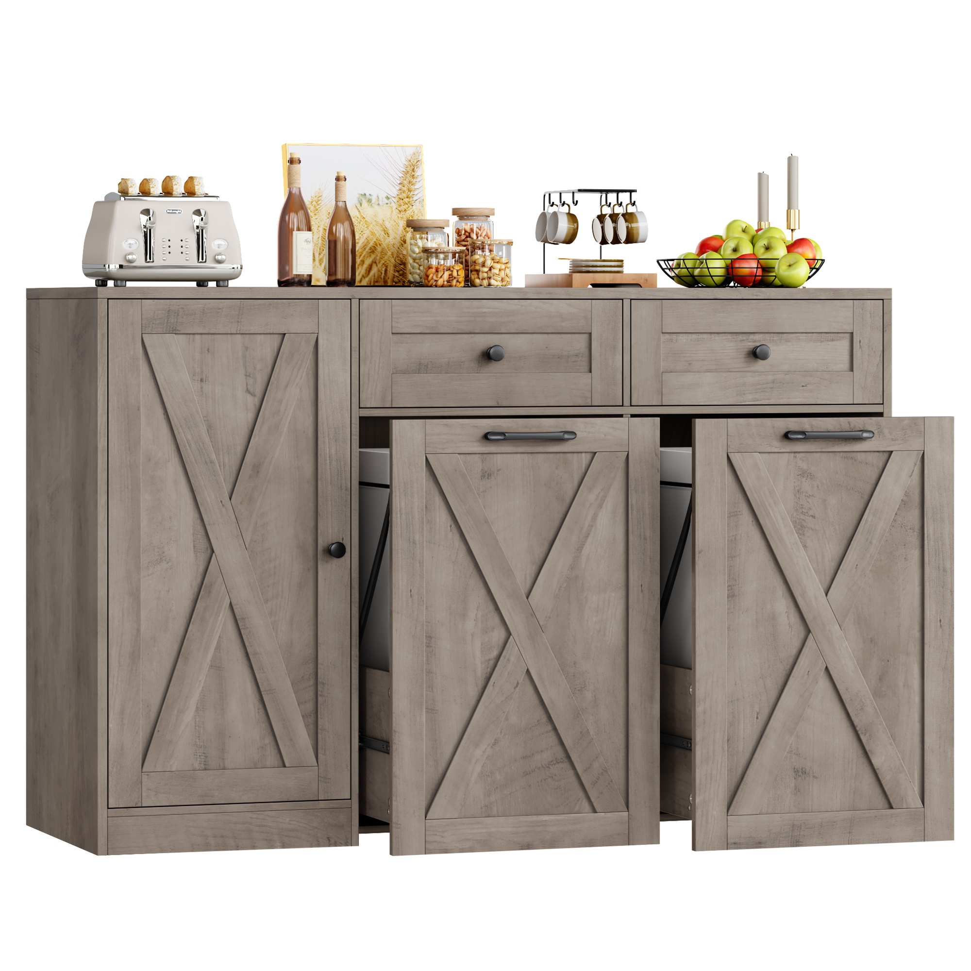 Homfa 47.2"W Kitchen Sideboard Credenza, Trash Can Cabinets Fits 12.5 Gallon Can, 2 Drawer Wood Buffet Storage Cabinet with Adjustable Shelf, Wash Gray