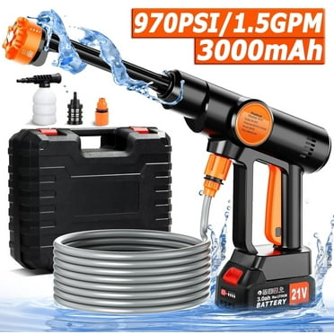 Portable Cordless Pressure Washer, 970PSI Battery Powered Pressure Washer with 6-in-1 Nozzle, 21V/1.3GPM/3000mAh Battery,16.5FT Hose, Electric Power Washer for Car, Floor, Patios