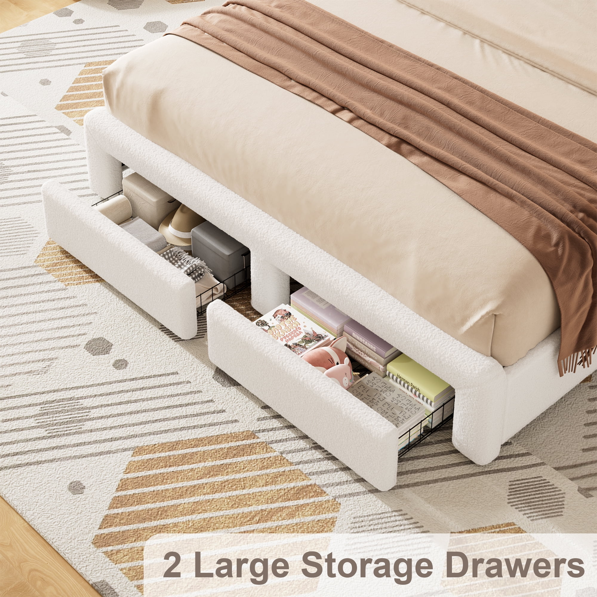 Miniyam King Bed with Storage Drawer, Sherpa Upholstered Headboard, LED Light & USB Charging for Adult