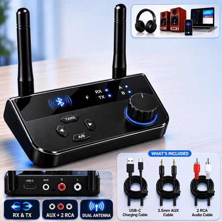 Bluetooth 5.3 Transmitter Receiver For TV Home Stereo Audio Adapter Long Range Wireless AUX RCA USB-C Audio Converter for Speakers PC PS4 PS5 Car Audio USB MP3 Player 3.5mm Jack Black
