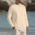 thumbnail image 2 of JUUYY Men's Linen Shirt Relaxed Fit Long Sleeve Pleated Casual Shirt Round Neck Button Lightweight Loose Vacation Beach Shirt Tops Khaki XL, 2 of 9