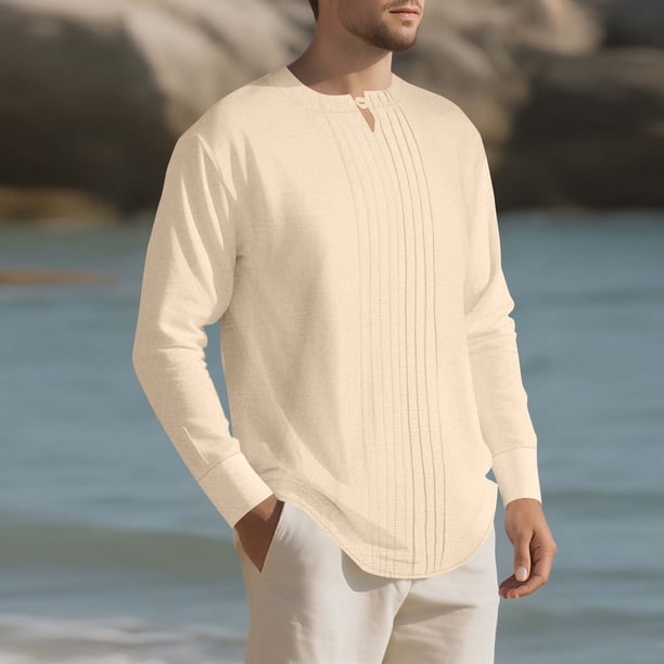 pstuiky camisa de manga larga para hombre, Camiseta deportiva informal de manga larga con botones y cuello redondo para hombre, color liso Tops de talla grande para hombre xxxl