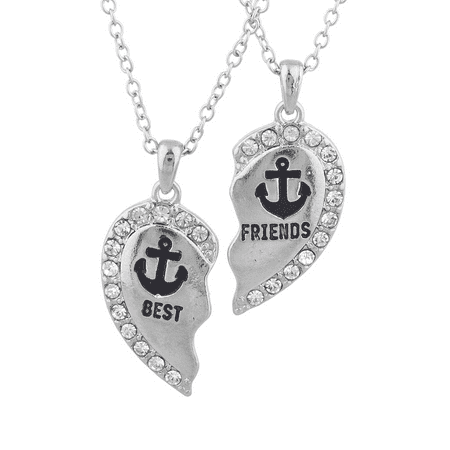 Silver Tone Crystal Black Anchor Best Friends BFF Heart Necklace Set of 2 Nautical