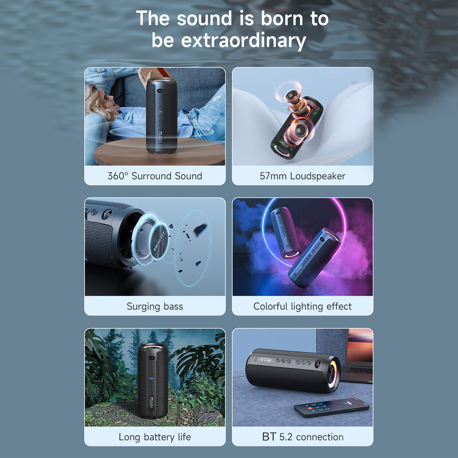 ZEALOT S51Pro Small Speaker BT Wireless Waterproof IPX7 6000mAh Long Battery Life Portable Subwoofer