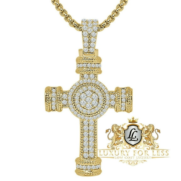 14K Gold Finish Simulated Diamond Jesus Cross Charm Pendent Chain Set 1.75''