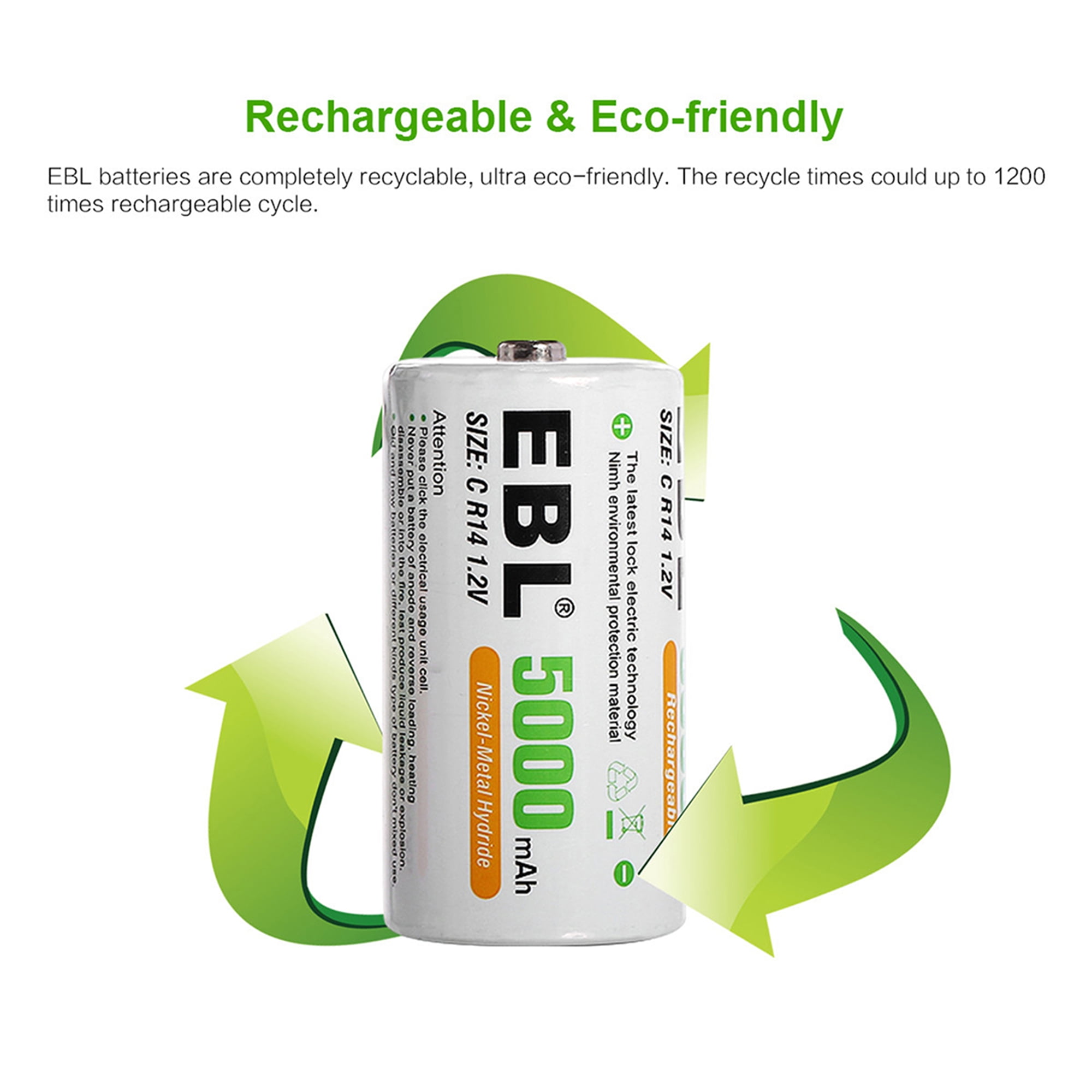 EBL C Cell Rechargeable Batteries (4 Pack) with Battery Charger, White