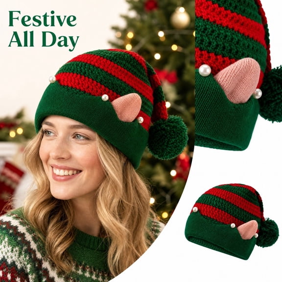Christmas Knitted Elf Hats with Ears Elf Beanie,Women Men Pompom Crochet Caps, Long Santa Hats Beanie Elf Costume Hat