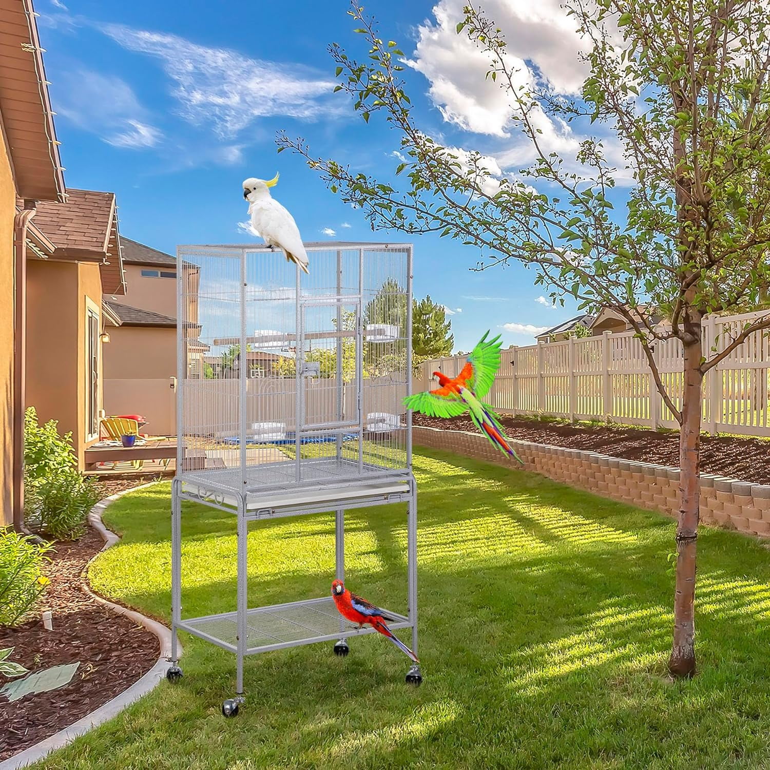 53-Inch Rolling Bird Cage, Wrought Iron Large Cage with Stand and Storage Shelf for Parrots, Cockatiels, Parakeets, and Macaws (White)