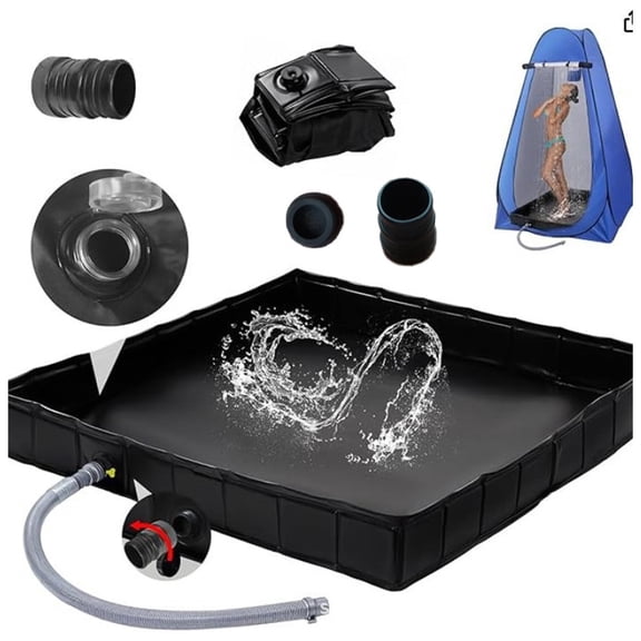 Camping Shower Pan, 41" x 41" x 5.5" Outdoor Portable Shower Base with Bottom Drain and Side Drain Pipe, Collapsible Shower Basin for Shower Tent Base, Camping, Rv, Beach, Bathing Pets