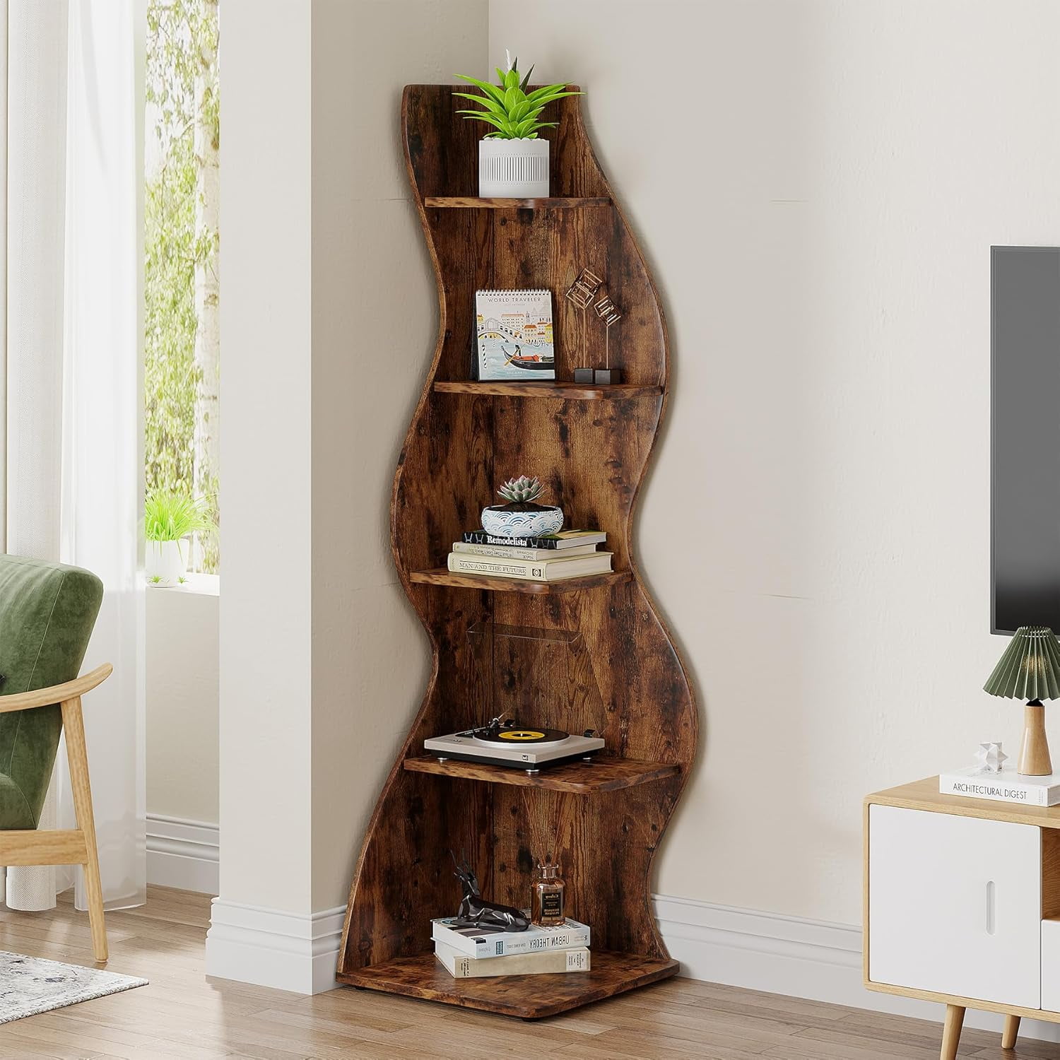 Tribesigns Small Corner Shelf, 5-Tier Modern Corner Bookcase for Small Space, Living Room (Brown)