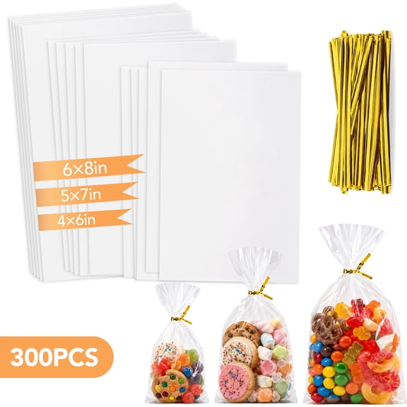 300 PCS Clear Cellophane Bags, Flat Treat Bags 4x6, 5x7 & 6x8 Inch with Twist Ties