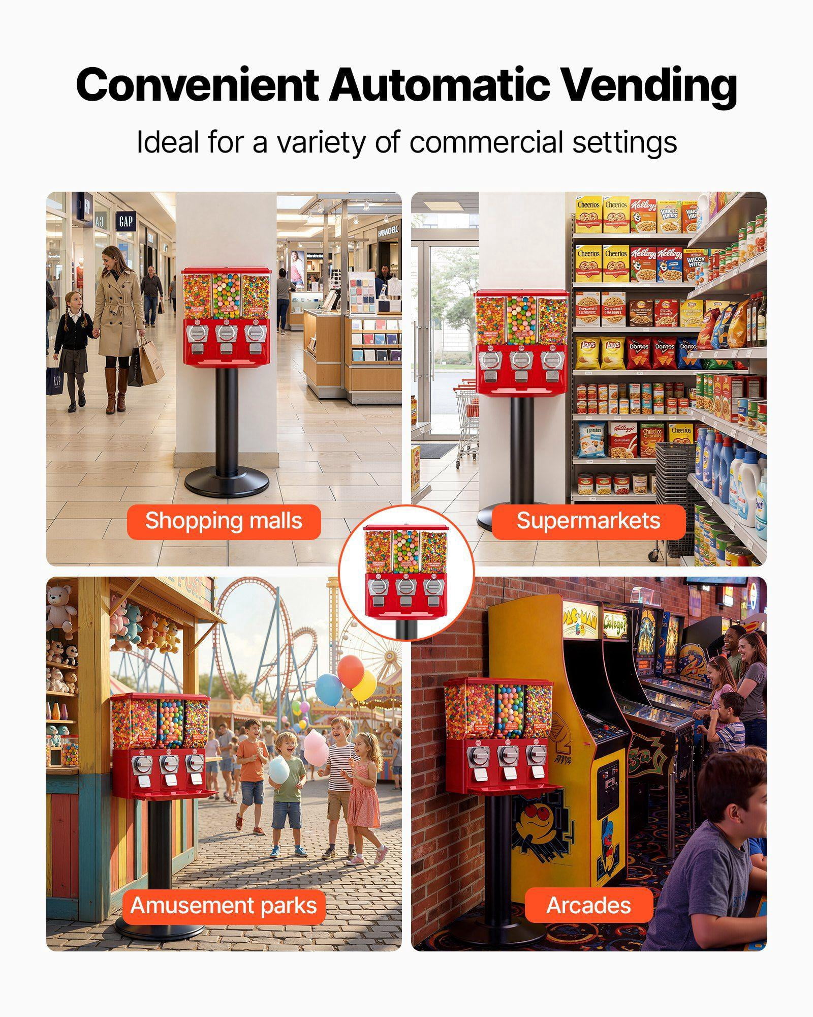 Triple Compartment Vintage Candy Gumball Vending Machine with Stand Detachable Cash Box for Shops Arcades