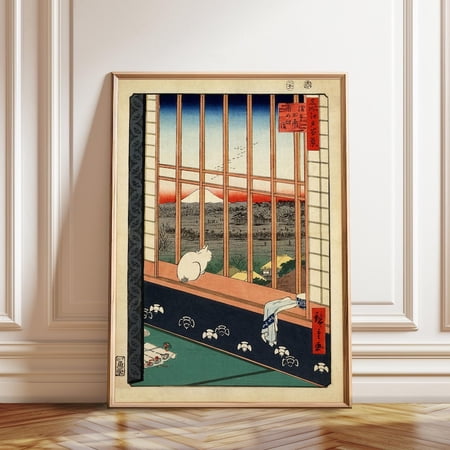 Asakusa Ricefields White Cat Wall Art Print, Unframed Paper Poster 8x10in