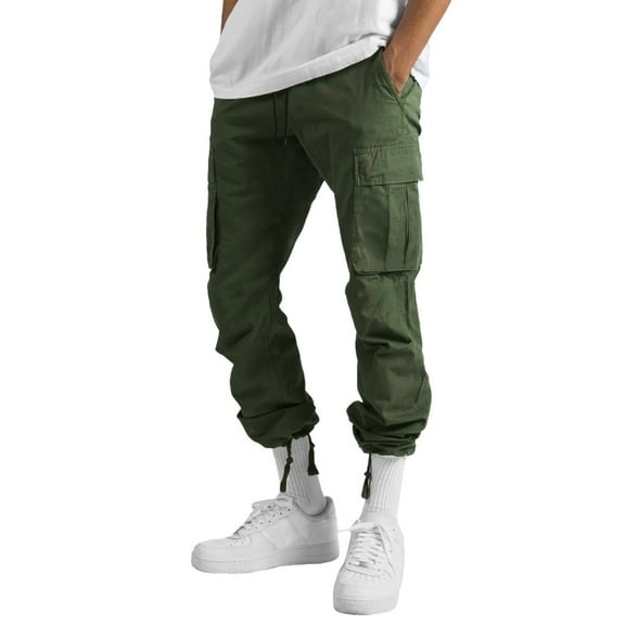 Blekii Mens Cargo Pants Drawstring Elastic Waist Casual Baggy Pant Streetwear Multi Pockets Army Green