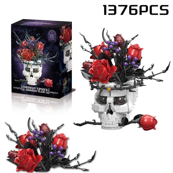 Honchoes Gothic Skull Head Flowers Building Set Compatible with Lego Flower Decor for Adults 1376 Pcs