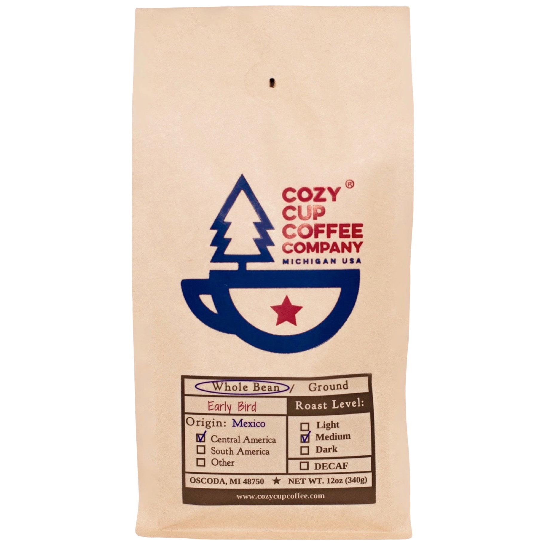 Cozy Cup Coffee Company, Early Bird, Medium Roast, Whole Bean Coffee, 12 oz bag