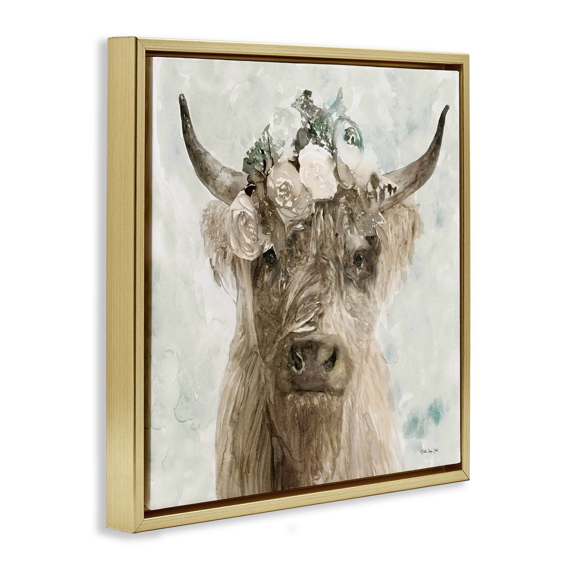 Stupell Industries Soft Buffalo with Floral Crown Animals & Insects Painting Gold Floater Framed Canvas Art Print Wall Art, 25 x 25