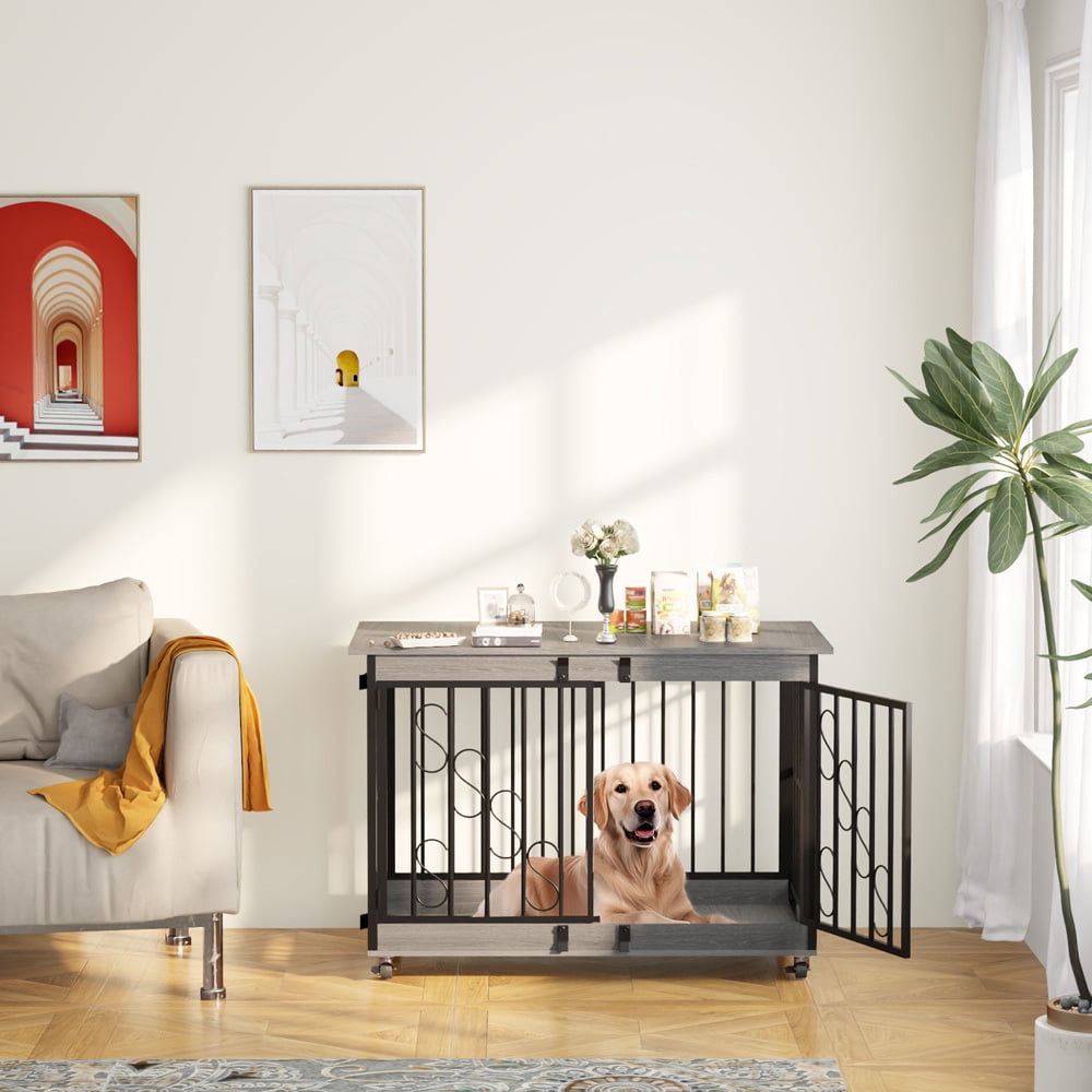 48" Heavy Duty Dog Crate Furniture, Double Door Dog Kennel with 360° Wheels, Decorative Indoor Pet House Table for XL Dogs, Gray