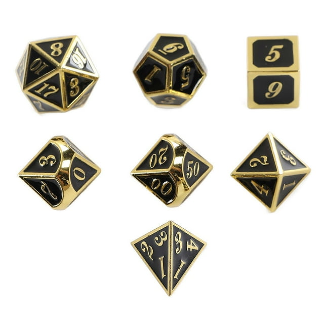 7pcs Metal Dice Polyhedral Shiny Portable Long Lasting Zinc Alloy Dice Set for Table Game Board Game Gold Black