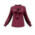 thumbnail image 4 of Lenpel Blouses for Women Dressy Long Sleeve Bow Tie Neck Curved Hem Business Casual Work Tops Loose Office Shirts(Wine,Small), 4 of 6