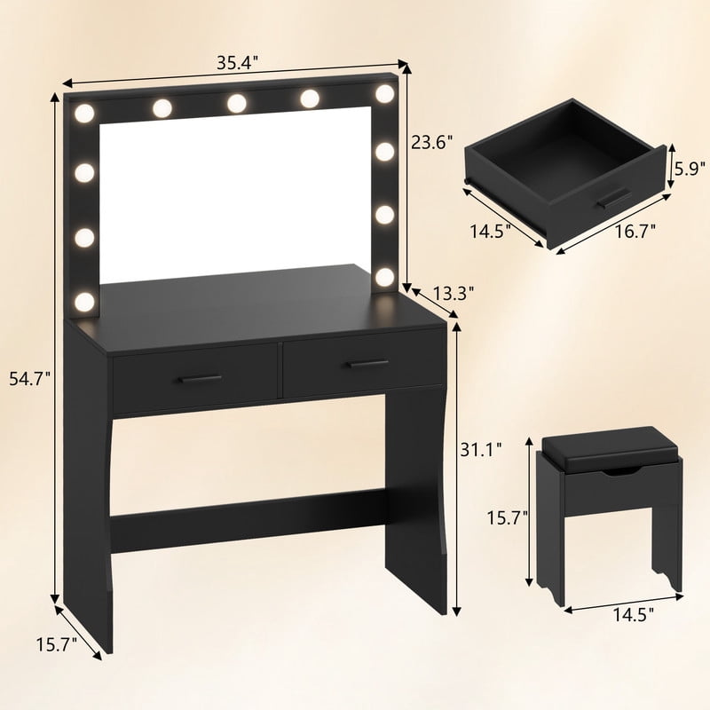 Vineego Vanity Set with Mirror & Light, Makeup Vanity with 2 Drawers, Vanity Desk with Storage Stool for Bedroom, Black