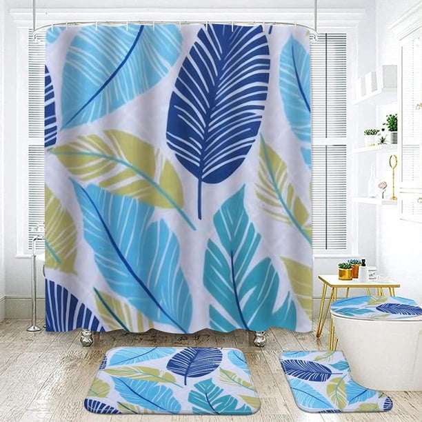 NEWSUYAA Cortina de ducha con hojas de selva tropical y alfombras, juego de baño, 4 piezas de decoración de baño de hojas modernas con cortinas impermeables con ganchos, funda para asiento de