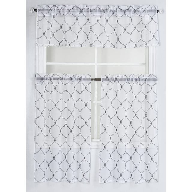 Kitchen Curtain Sheer with Embroidery (3pc Set- 2 Tiers and 1 Valance) (White with Grey Linings)