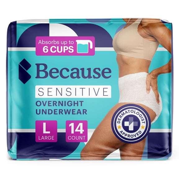 Because Women's Incontinence Underwear - Sensitive Skin - Overnight, L, White, 14 Ct