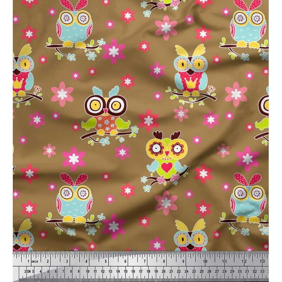 Soimoi Poly Georgette Fabric Floral & Owl Cartoon Print Sewing Fabric Yard 52 Inch Wide