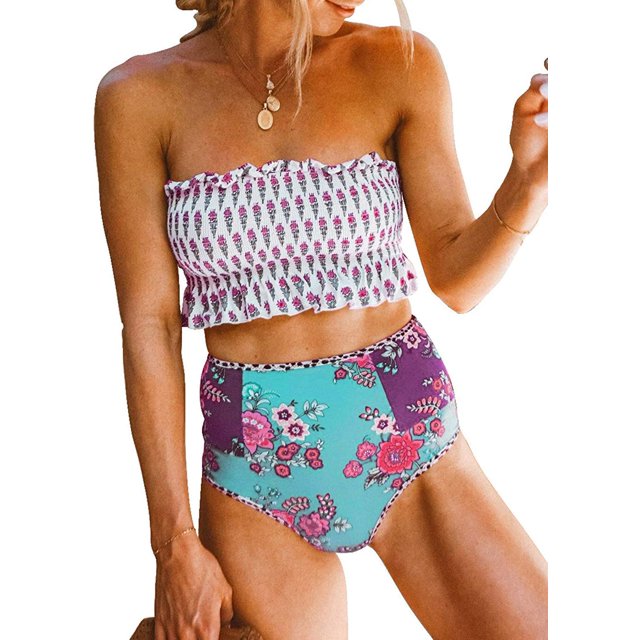 Maillots de Bain Bandeau 2 Pièces Taille Haute pour Femmes