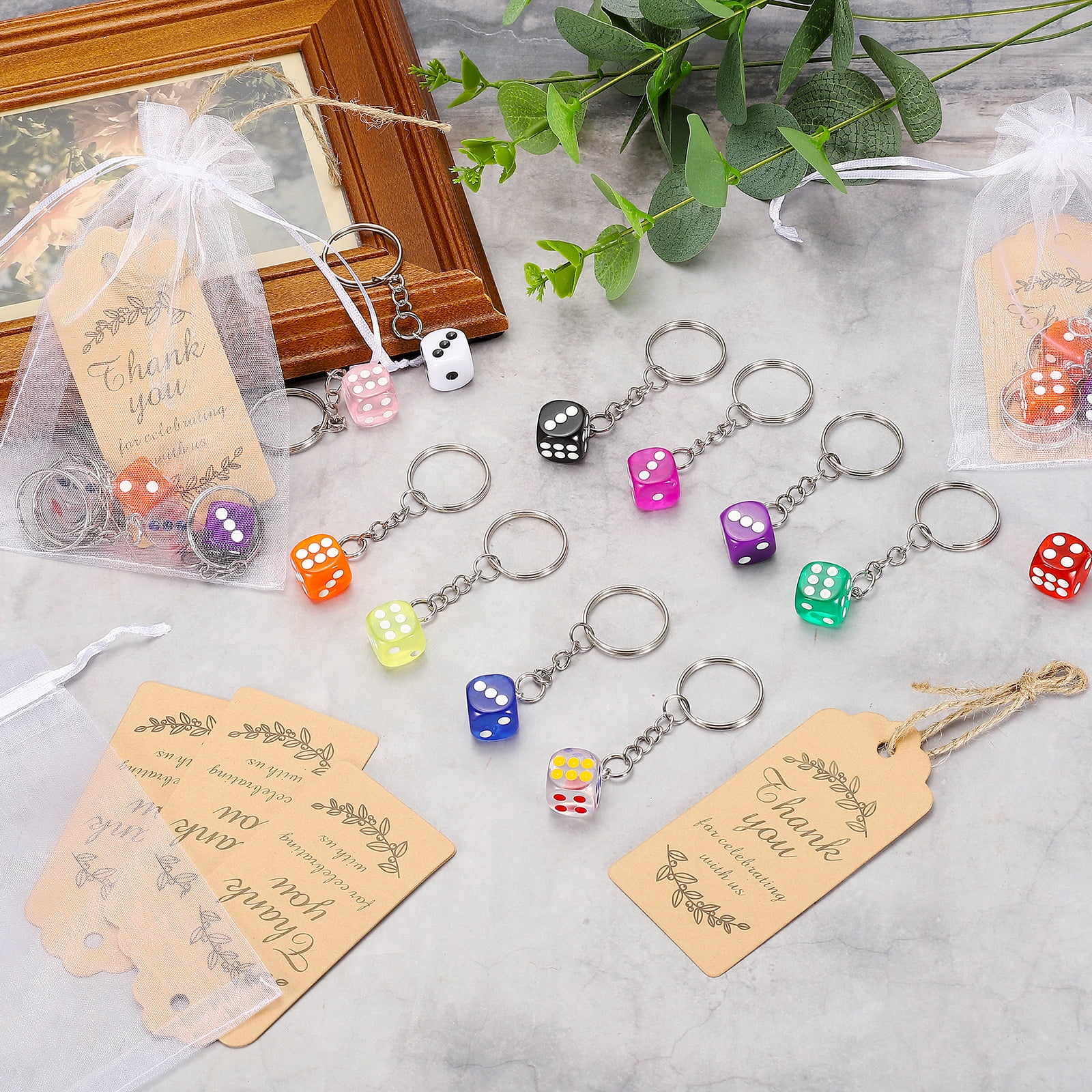 Uxcell Dice Key Chains Bulk with Jute Twine Gift Tag/Mesh Bag, Creative Keyring Charm Pendant for Bag Wallet Purse Car Cellphone Accessories, Yellow/Green/Red