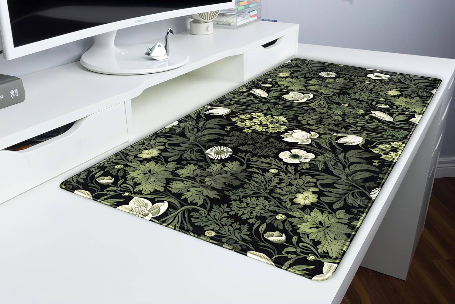 Dark Green Floral Plants XXL Gaming Mousepad & Desk Pad - Nature Leaf Flower Laptop Keyboard Mat 31.5 x 15.75