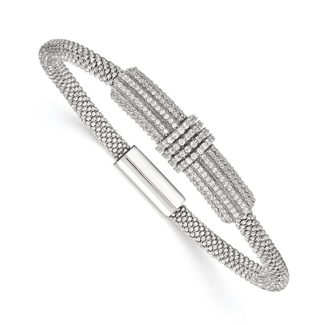 Sterling Silver Rhodium-plated w/ CZ Mesh Bracelet (Weight: 13.88 Grams, Length: 7.5 Inches)