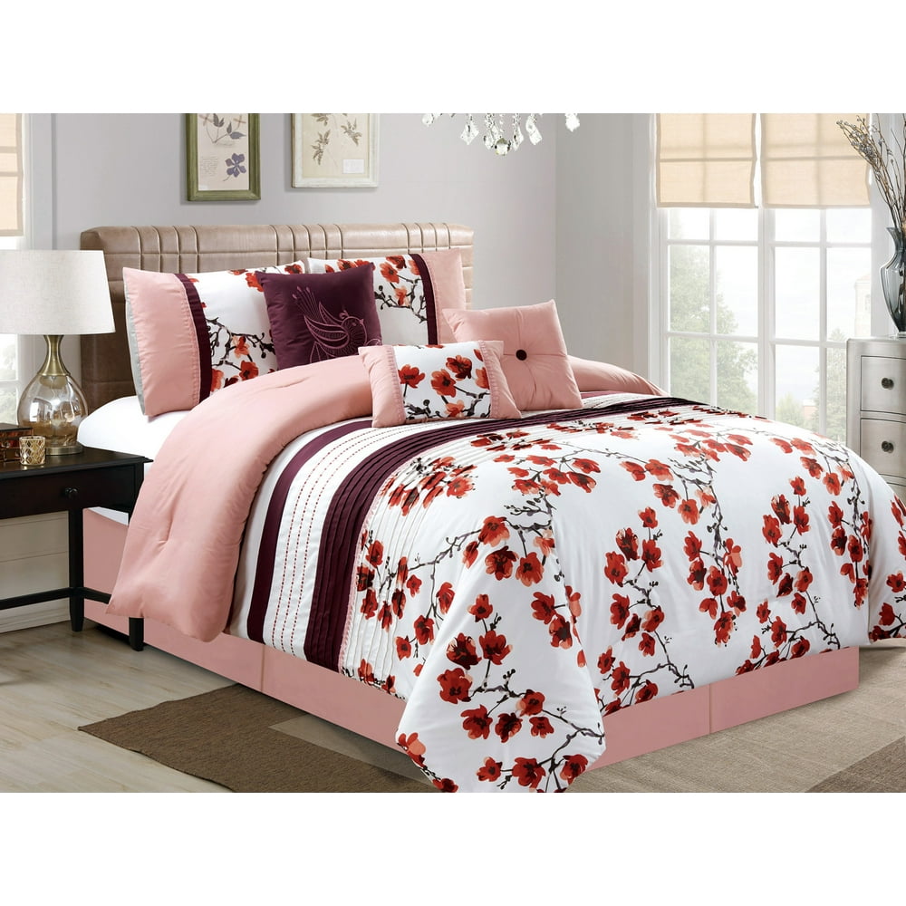 7Pc Cherry Blossom Bird Embroidery Pleated Comforter Set Pink White