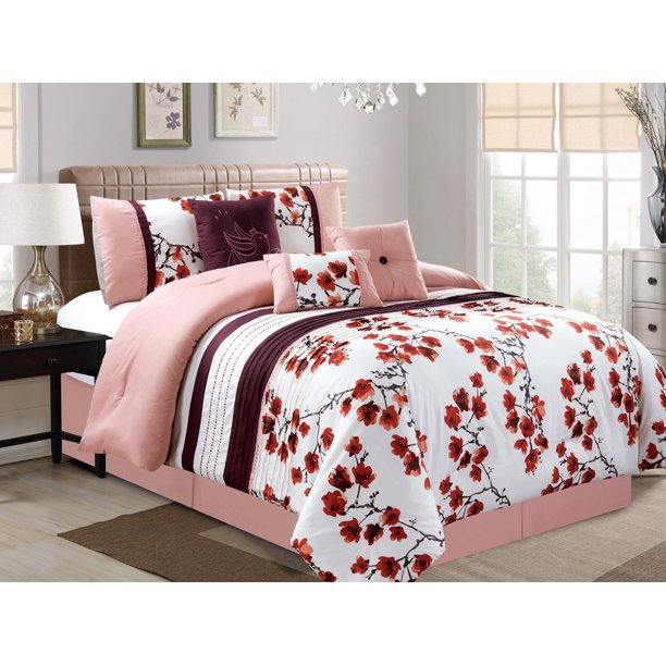 7Pc Cherry Blossom Bird Embroidery Pleated Comforter Set Pink White